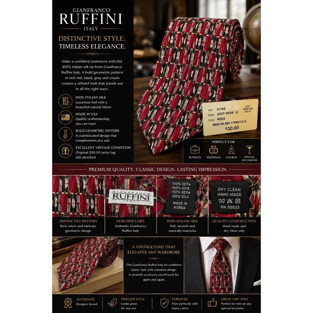 Gianfranco Ruffini Italy Men's 100% Silk Geometric Necktie Red Black Made USA